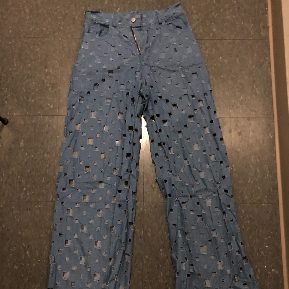 Hollowed out denim pants
